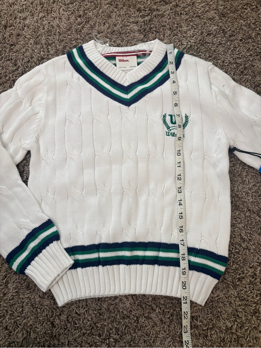 Wilson White Cable Knit V‑Neck Sweater with Green & Navy Stripes - Picture 9 of 10